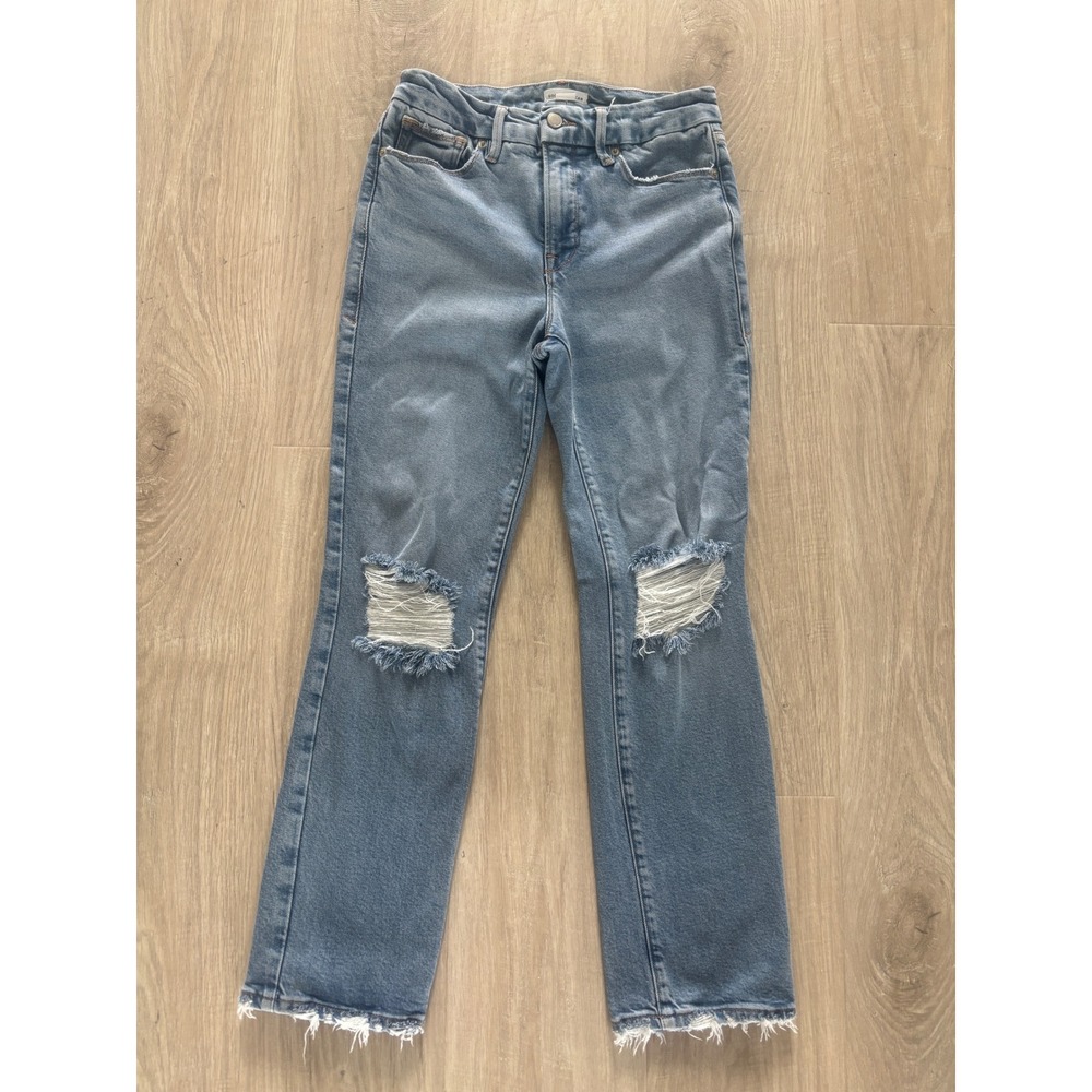 Good American Straight Leg Jeans Womens 4/27‎ Distressed High Rise Raw Hem Ankle